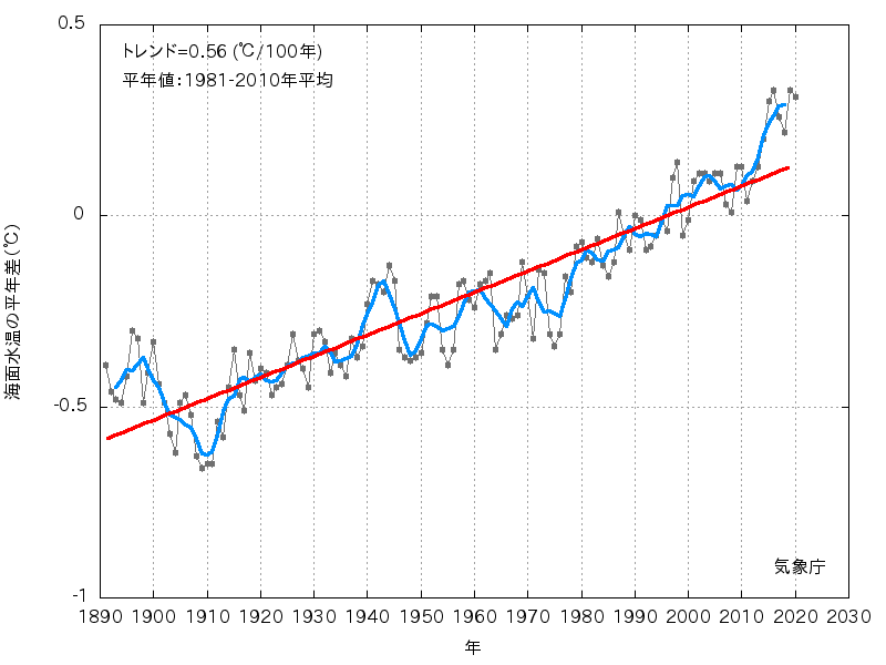 海面水温の長期変化傾向（全球平均）